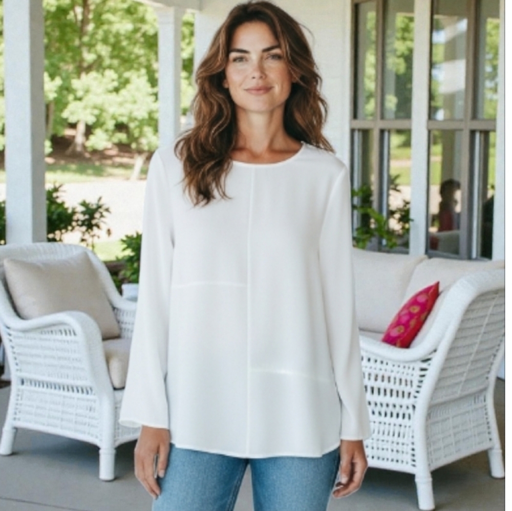 Ganji  Ivory Minimalist Lightweight Knit Top with Seamed Front and Flare Sleeves